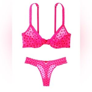 Victorias Secret Fun & Flirty Unlined Demi Bra Set Forever Pink Hearts Bra/Thong